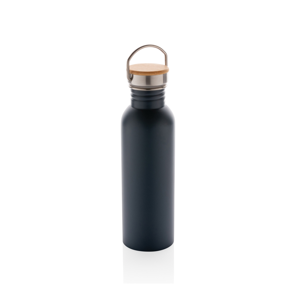 Moderne Stainless-Steel Flasche mit Bambusdeckel - blau (± PMS 7546 C)